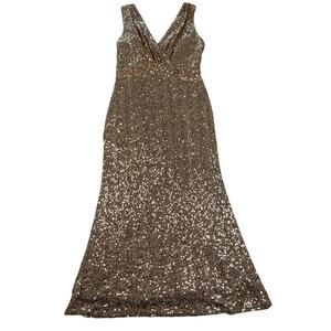 Belle Badgley Mischka Dress Womens 14 Gold Sequin Maxi Formal Wedding MOB